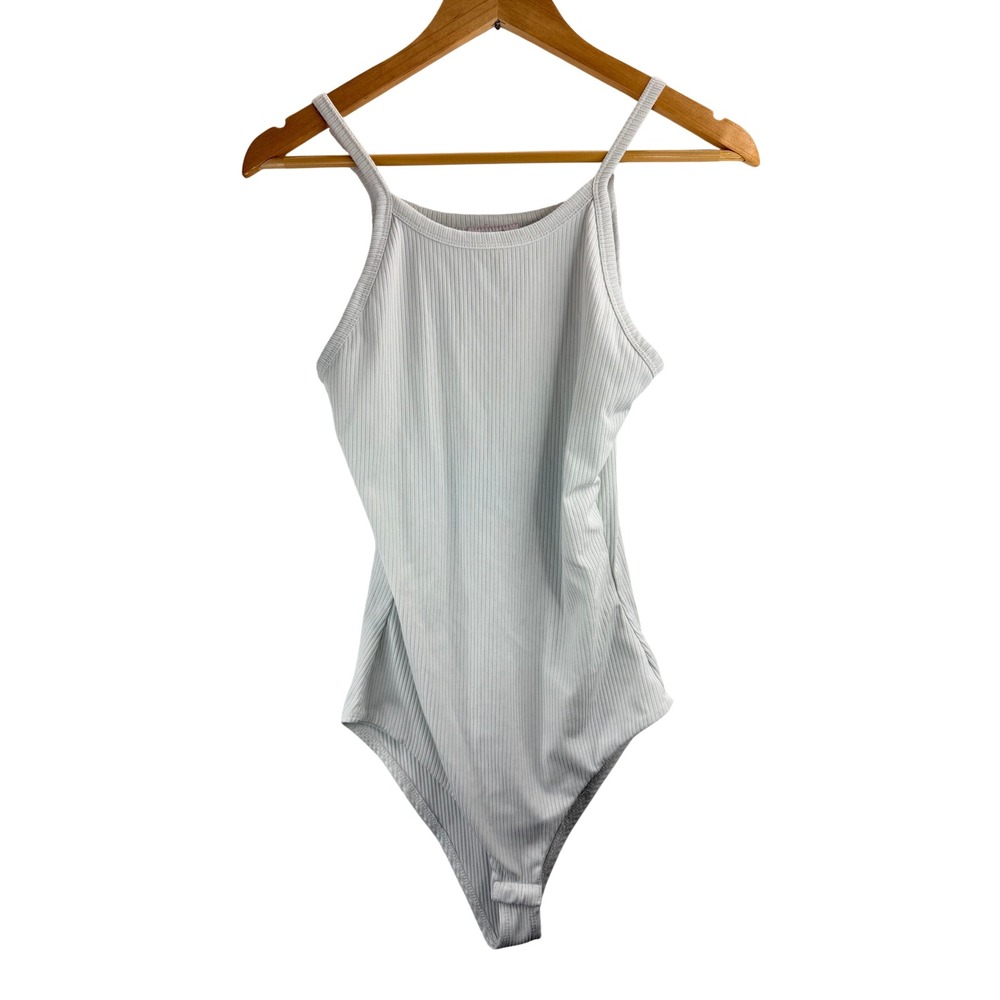 Pink Lily Ribbed High Neck White Tank Bodysuit Sz M Comfy Minimalist Casual Chic